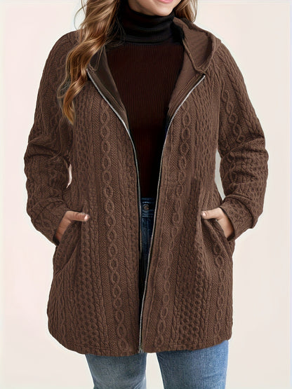Plus Size Hooded Cable Knit Zip Jacket Pockets