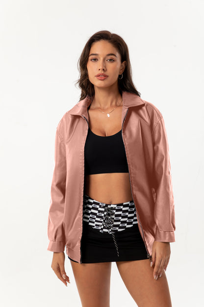 Womens Oversized Faux Leather Jacket Zip Up Casual