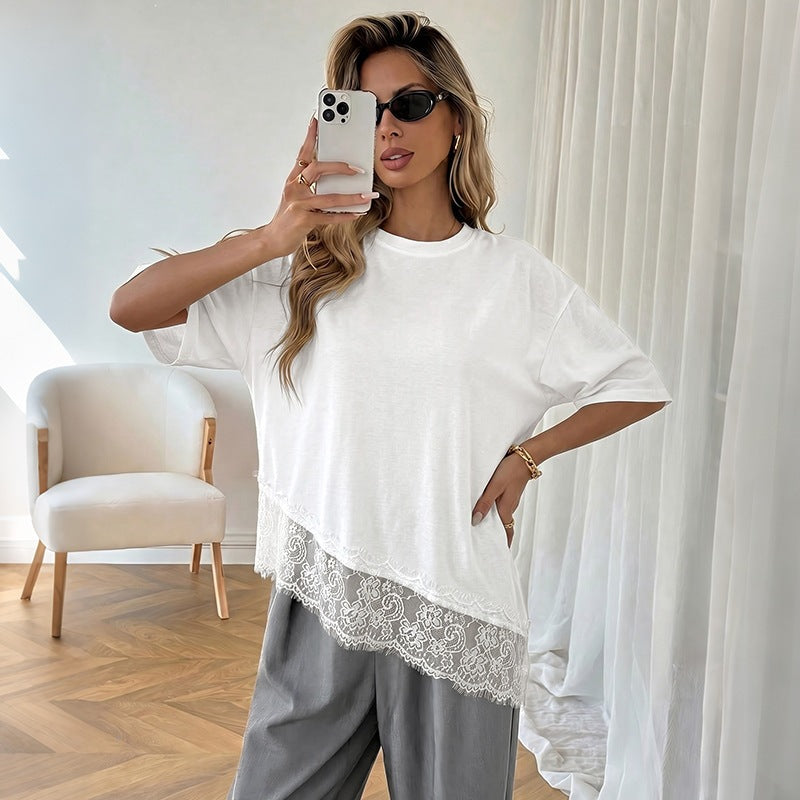 Lace Hem Knit Top Short Sleeve Casual Summer Blouse