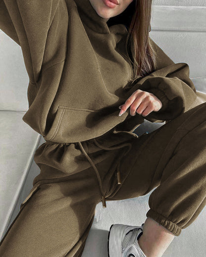 Women Oversized Fleece Hoodie Cargo Jogger Set