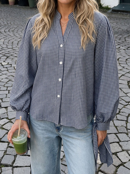 Plaid Oversized Button Down Shirt Side Slit Long Sleeve