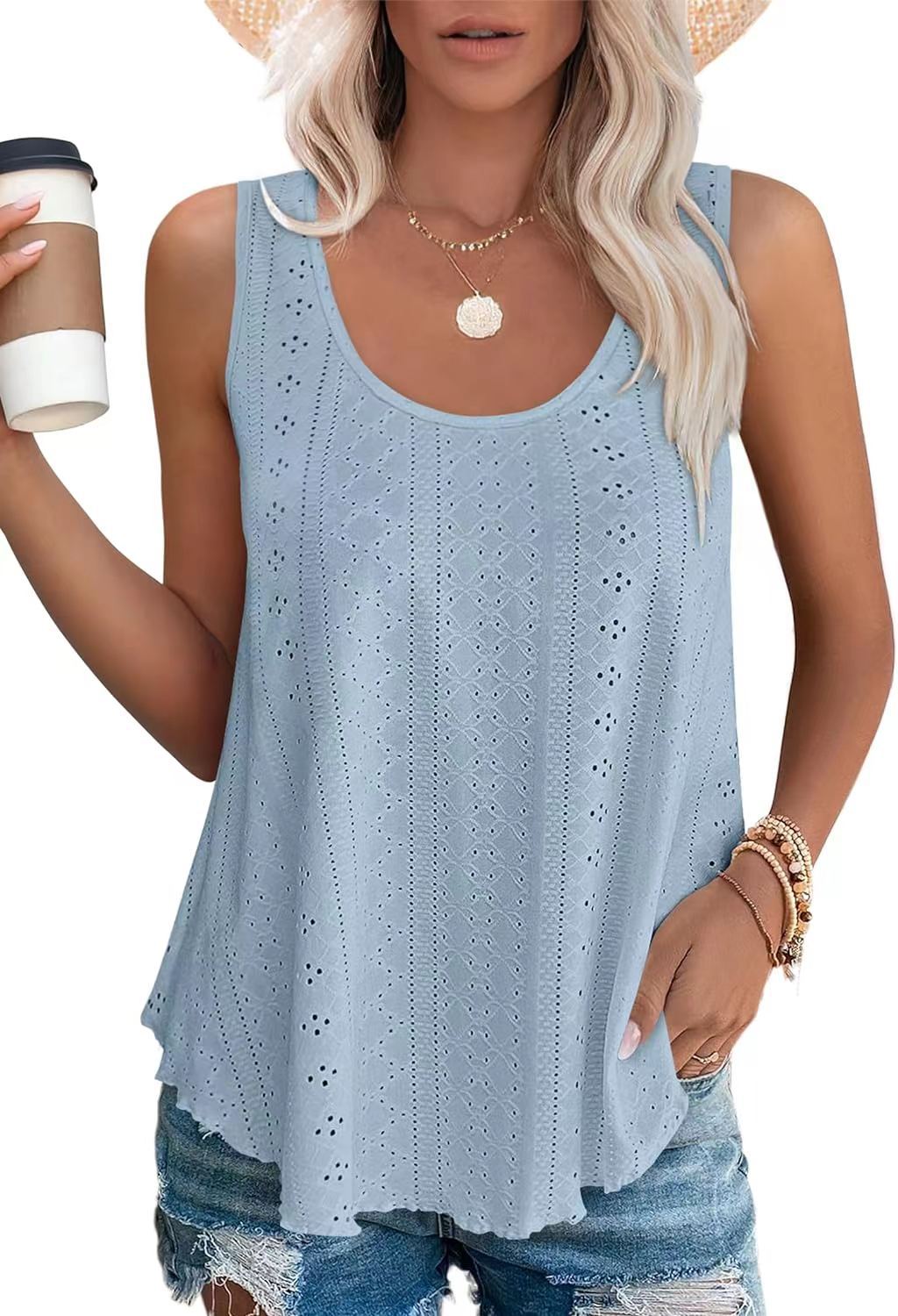 Eyelet Knit Tank Top Sleeveless Loose Fit Summer Top