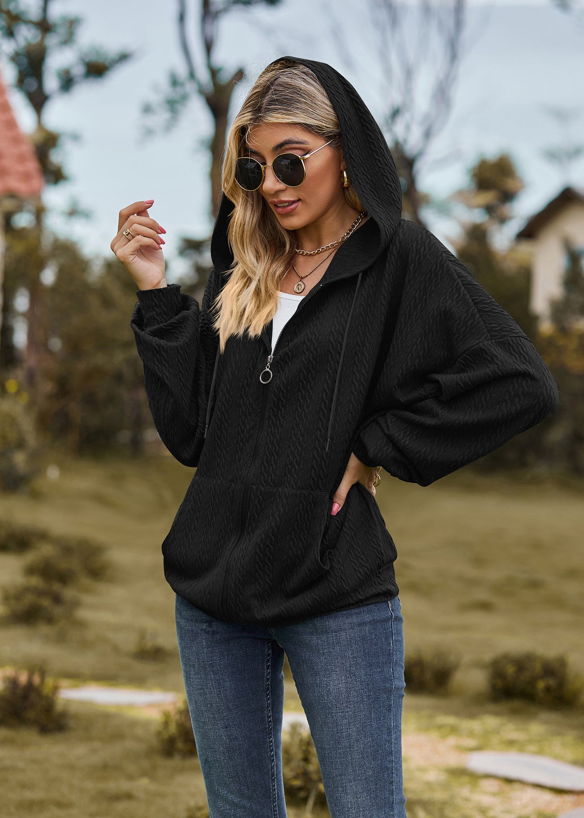 Oversized Textured Zip-Up Hoodie Jacket Pockets