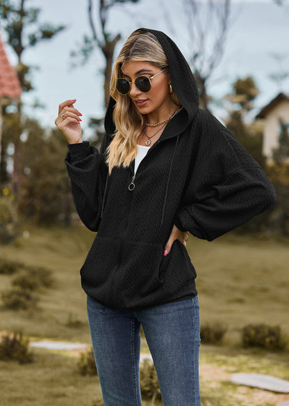 Oversized Textured Zip-Up Hoodie Jacket Pockets