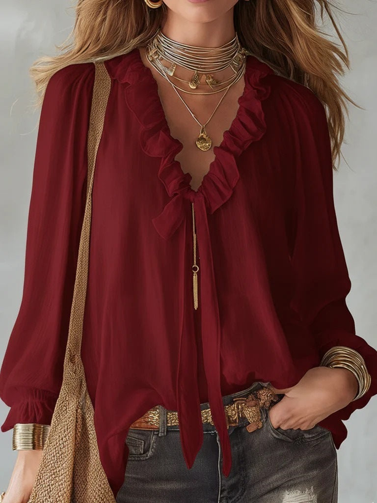 Women's Ruffle V Neck Tie Front Long Sleeve Blouse