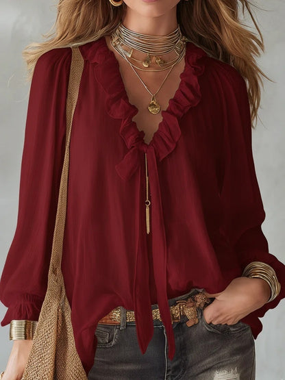 Women's Ruffle V Neck Tie Front Long Sleeve Blouse