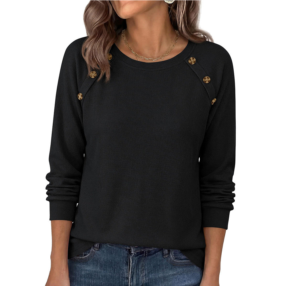 Waffle Knit Button Henley Top Crew Neck Long Sleeve Tee