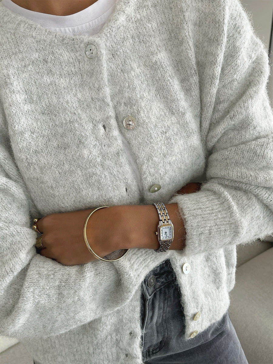 Oversized Fuzzy Button Up Crew Neck Cardigan Sweater