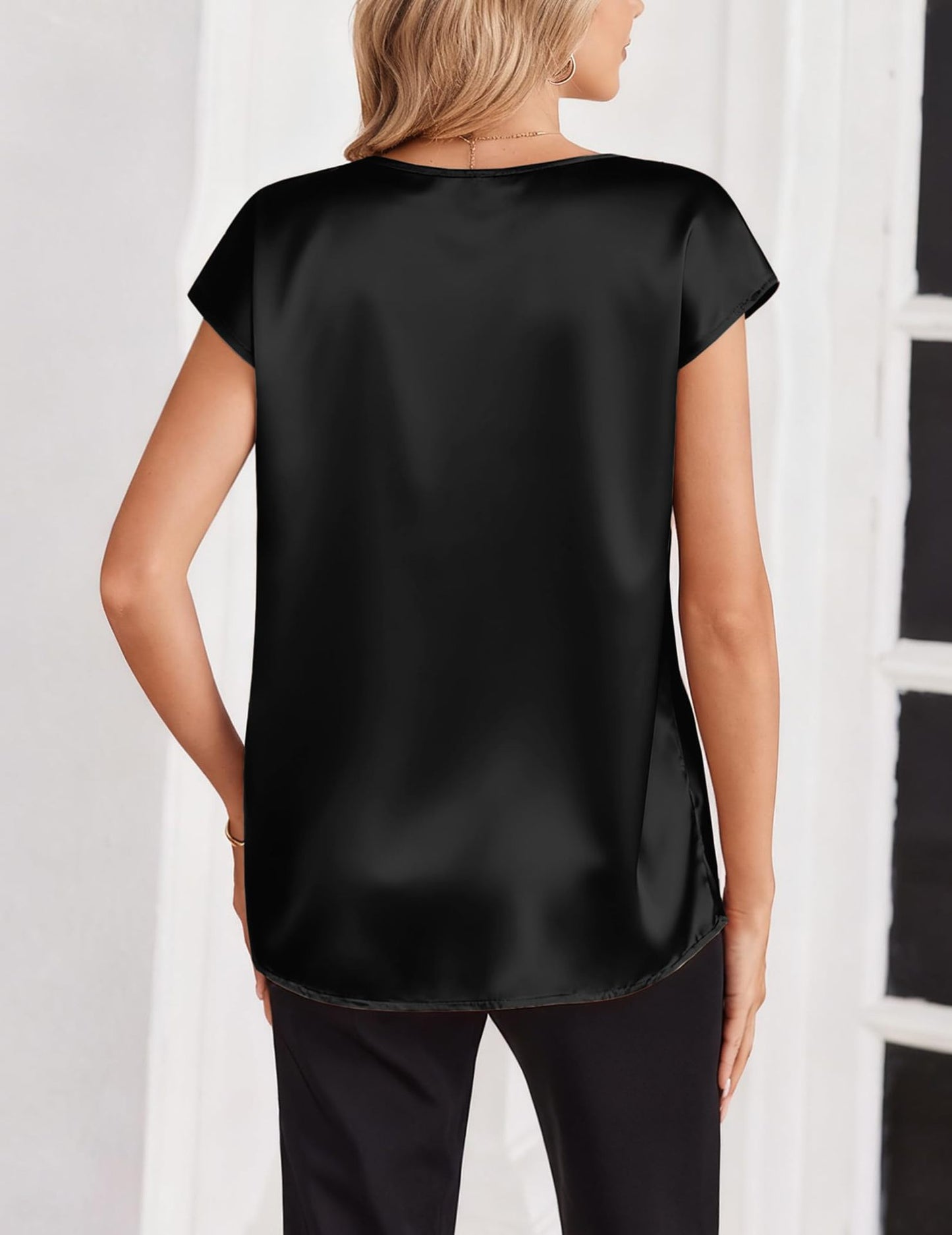 Satin V-Neck Short Sleeve Top Elegant Work & Casual Blouse