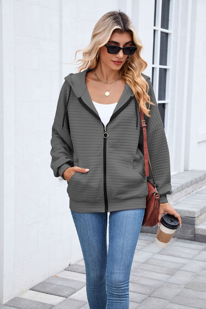 Quilted Zip Up Hooded Jacket Hoodie with Pockets