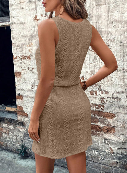 White Square Neck Drawstring Sleeveless Lace Dress