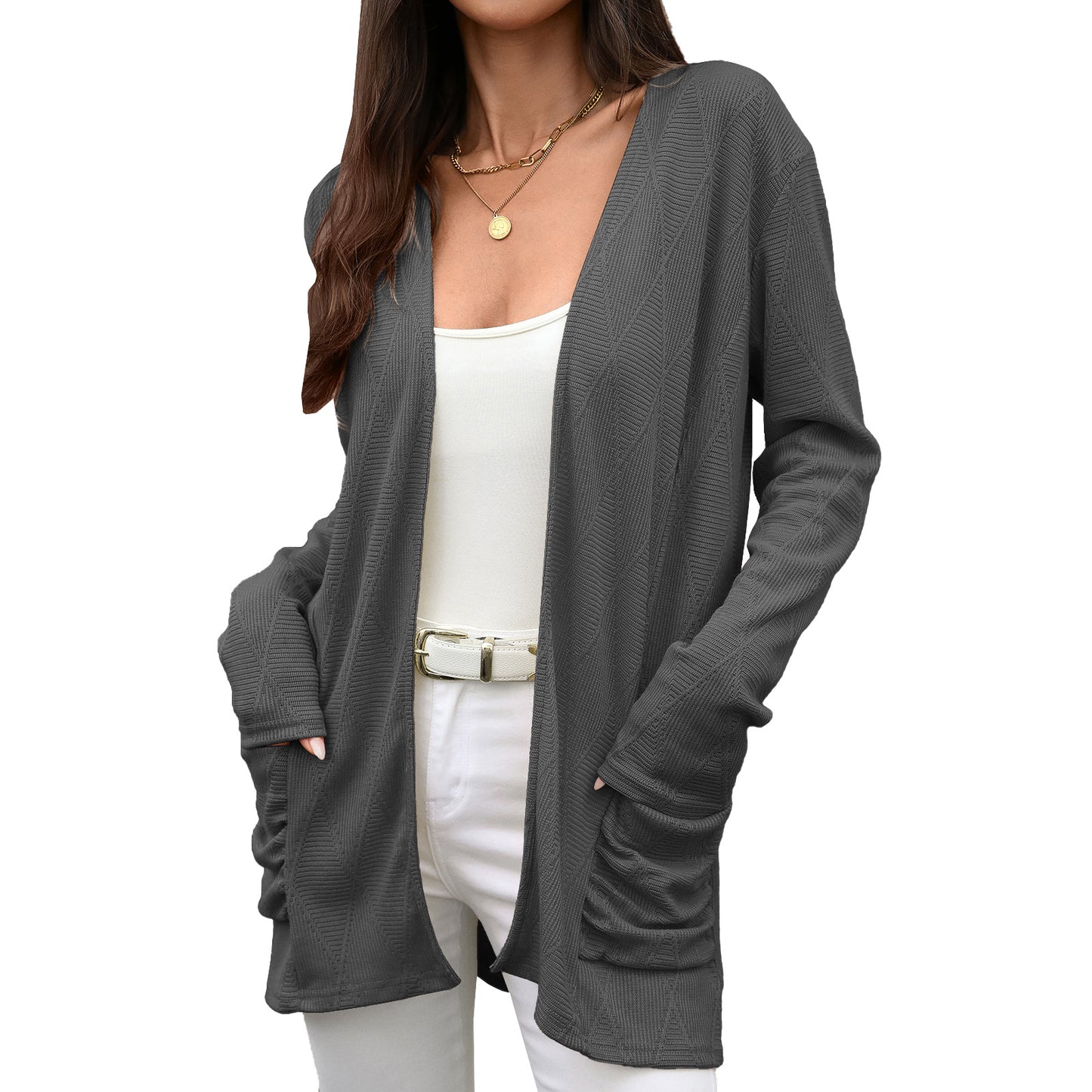 Women's Open Front Knit Cardigan Long Sleeve Pockets Loose