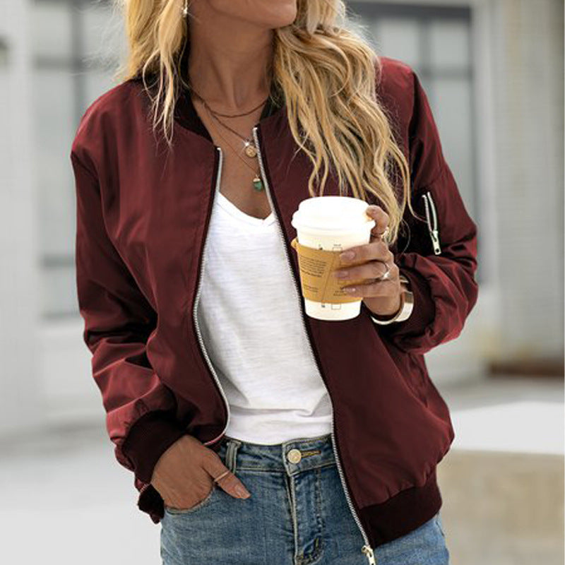Women's Casual Zip-Up Bomber Jacket Lightweight Solid