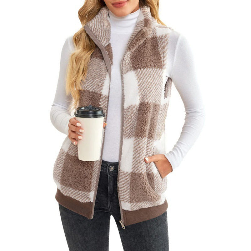Womens Buffalo Plaid Sherpa Vest Zip Up Fleece Stand Collar