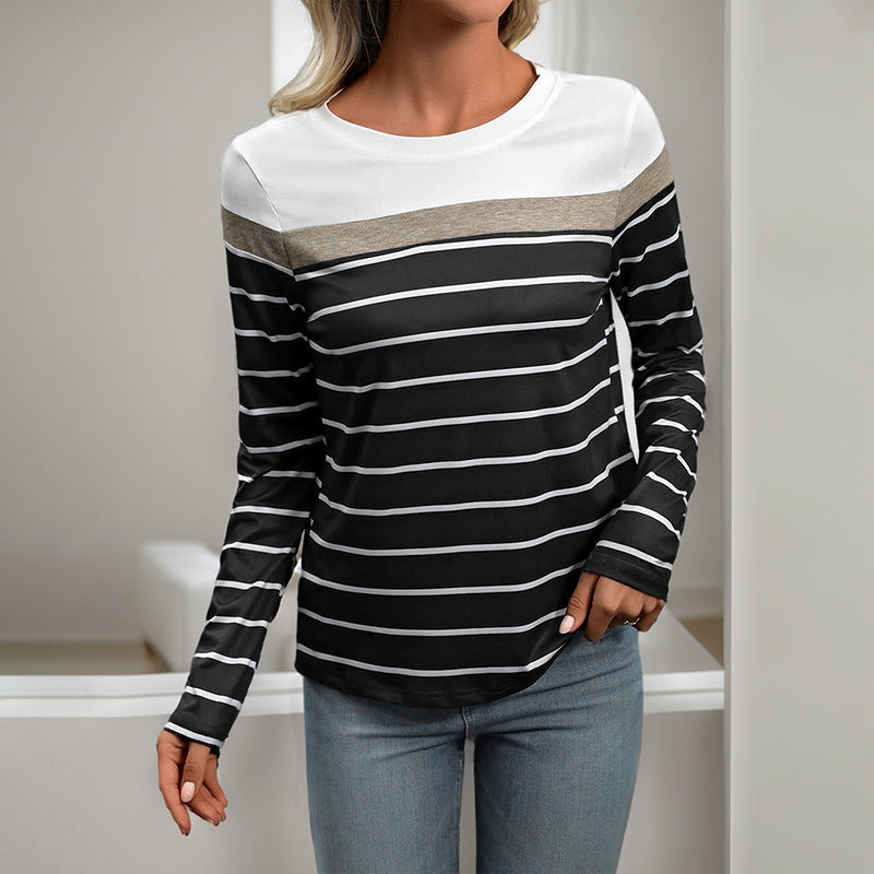 Colorblock Striped Long Sleeve Tee Casual Fall Top