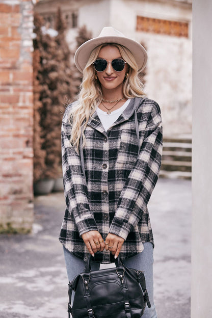 Plaid Hooded Shacket Jacket Oversized Fall Flannel Coat