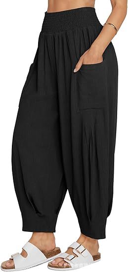 Women's Cotton Linen Harem Pants High Waist Pockets