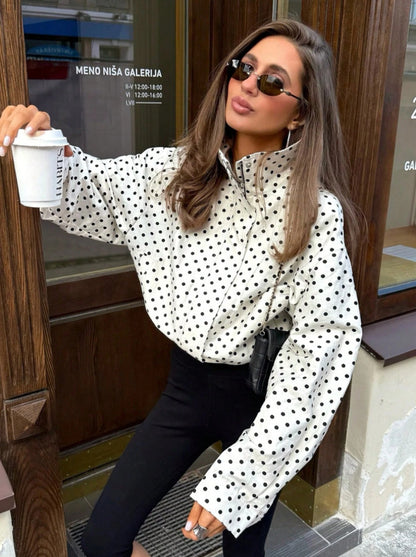 Polka Dot Zip Jacket Stand Collar Pocket Loose Coat