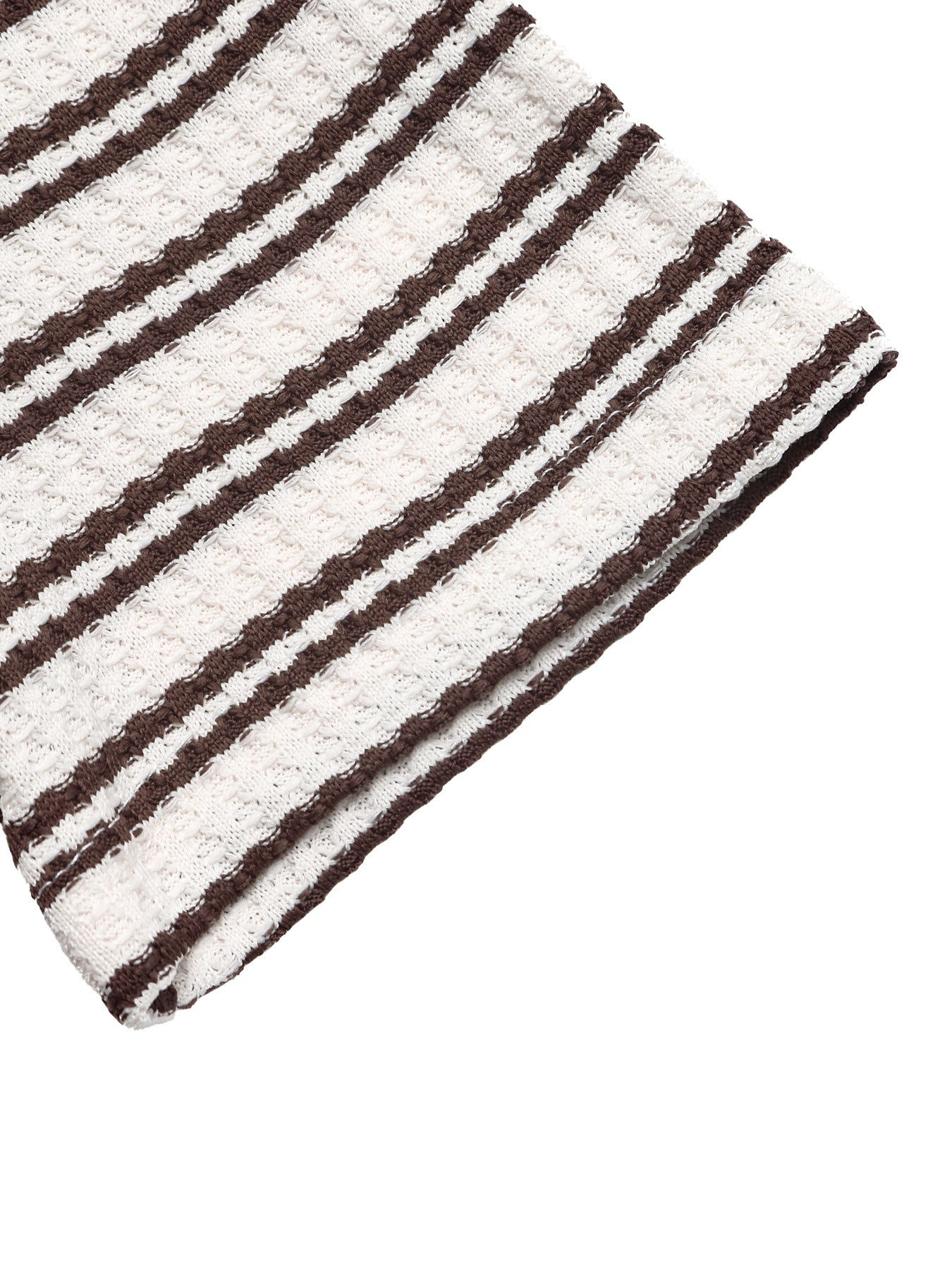 Waffle Knit Striped Polo V-Neck Short Sleeve Casual Top