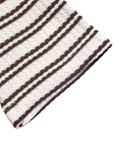 Waffle Knit Striped Polo V-Neck Short Sleeve Casual Top