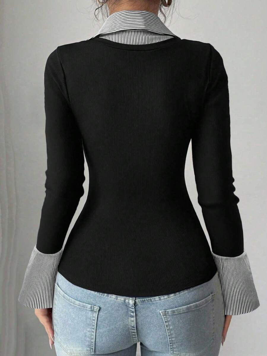 Faux Layered Collared Knit Top V Neck Long Sleeve Tee