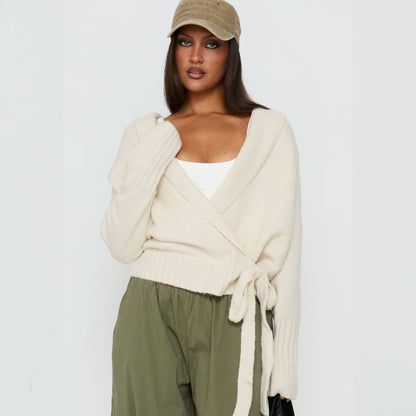 Women's Fuzzy Wrap Cardigan Tie Waist Long Sleeve Sweater