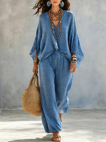 Boho Polka Dot Batwing Top and Jogger Pants Lounge Set