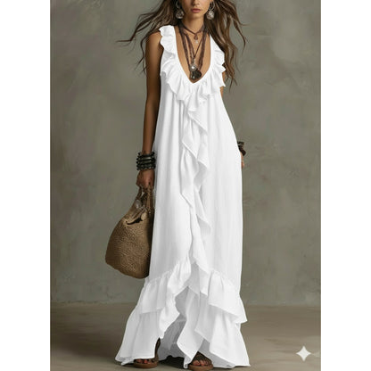Women's Boho Ruffle V-Neck Sleeveless Maxi Dress