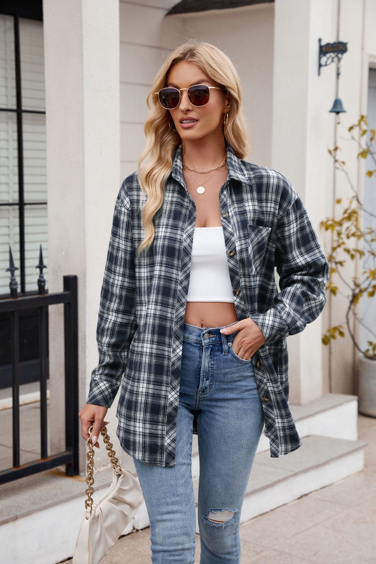 Plaid Flannel Button-Down Shirt for Women