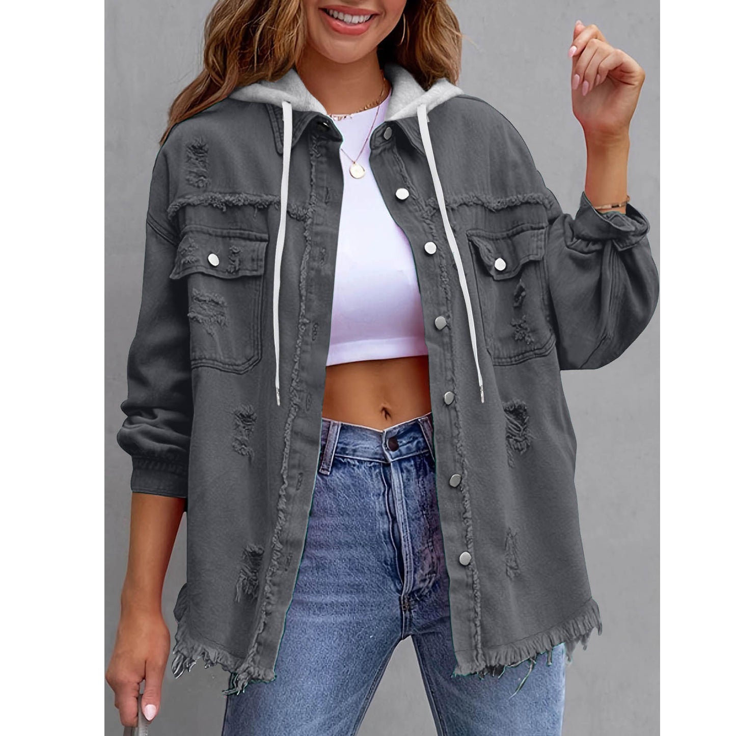 Distressed hooded denim jacket oversized fit
