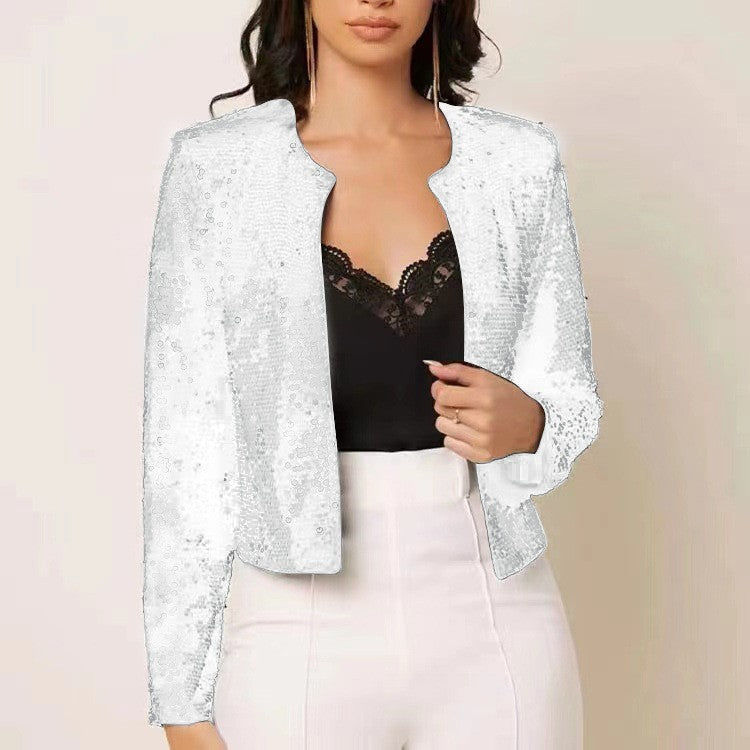Women's Sequin Zip Up Cropped Jacket Stand Collar