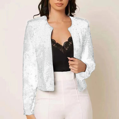 Women's Sequin Zip Up Cropped Jacket Stand Collar