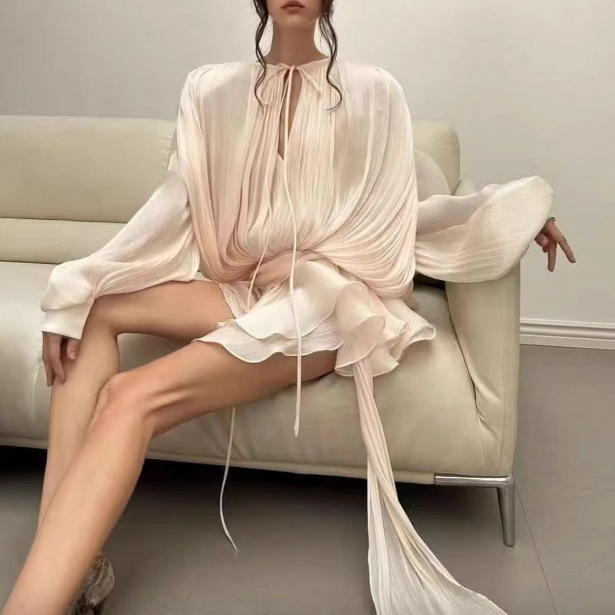 Women's Puff Sleeve Tie Neck Ruffle Mini Dress