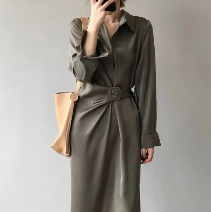 Women's Satin Long Sleeve Maxi Shirt Dress