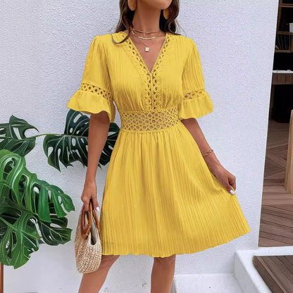 V-Neck Lace Splicing Dress - Fashionable Solid Color