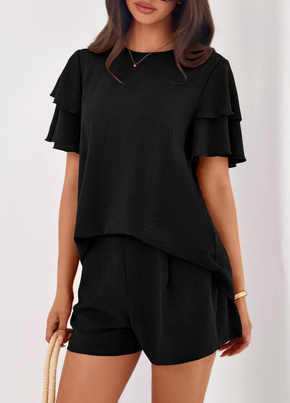 Solid Lounge Set Ruffle Sleeve Top Shorts 2 Piece Set