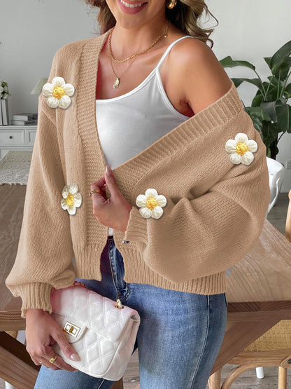 Floral Crochet Knit Cardigan Sweater with Balloon Sleeves