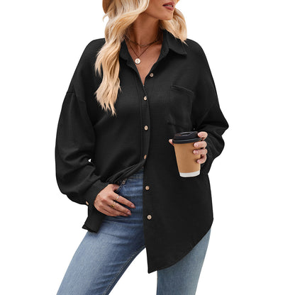 Women’s Casual Loose Fit Button Down Waffle Knit Shirt Jacket
