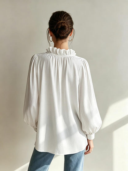 Solid Crinkle Blouse Ruffle V Neck Long Sleeve Top
