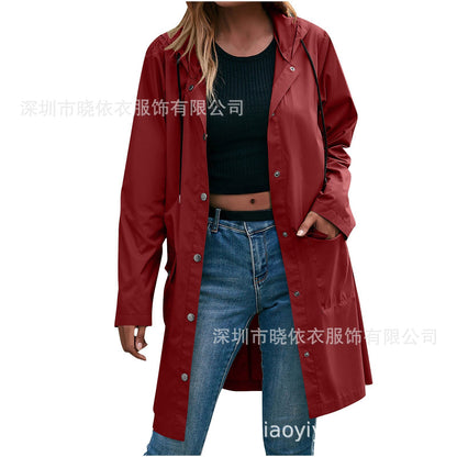 Women's Long Hooded Waterproof Trench Jacket
