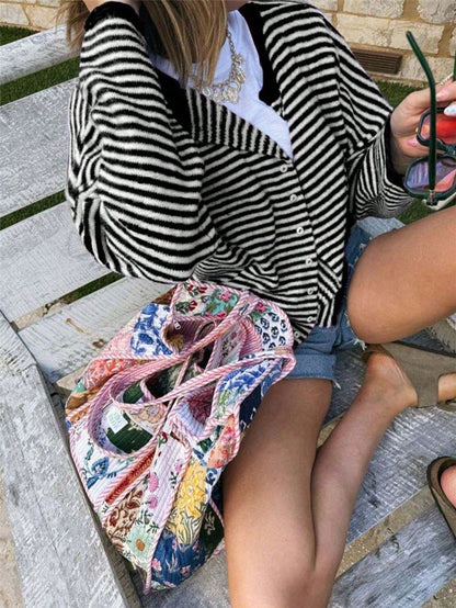 Women's Streetwear Striped Knit Button Cardigan Sweater