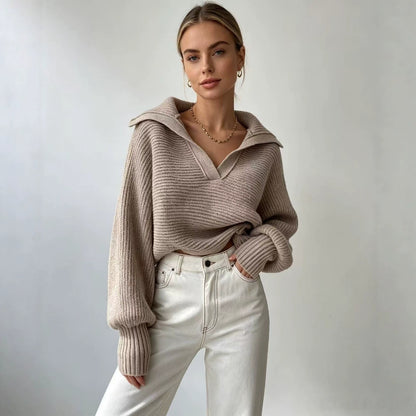 Chunky Knit Collared Balloon Sleeve Sweater