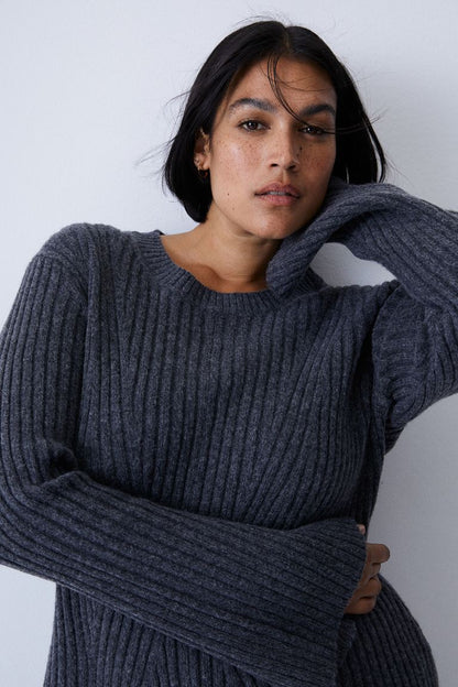 Women's Long Sleeve Ribbed Sweater Dress A-Line Casual