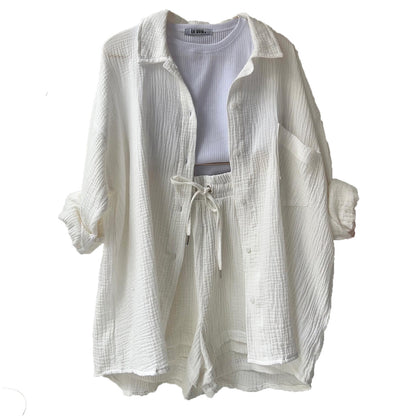Women's Textured Shirt & Drawstring Shorts Matching Set