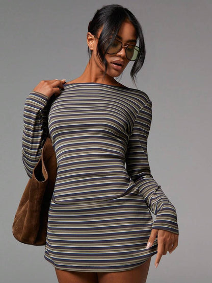 Striped Mesh Mini Dress Long Sleeve Bodycon Boat Neck