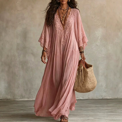 Women's Boho Lace Chiffon Long Sleeve Maxi Dress