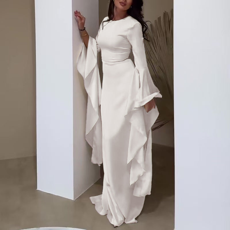 Women Satin Bell Sleeve Ruched Evening Maxi Dress