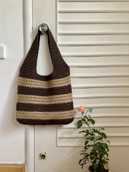 Women's Striped Knitted Bag Hollowed Out Handbag Shoulder Bag Crochet Knitting Beach Bag