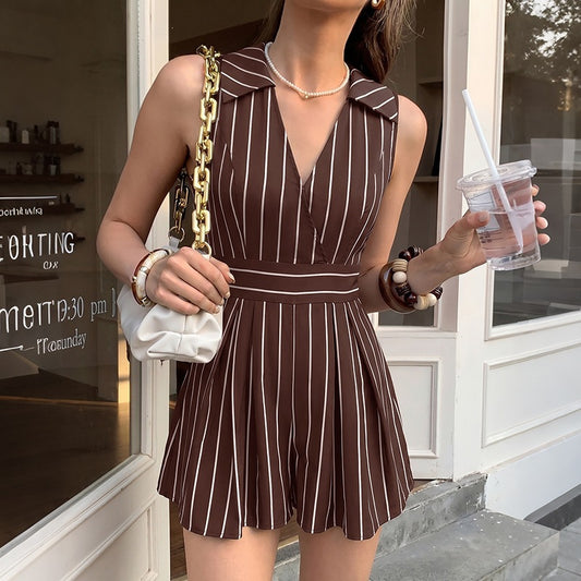 Brown Striped Sleeveless V Neck Romper Chic Summer Playsuit