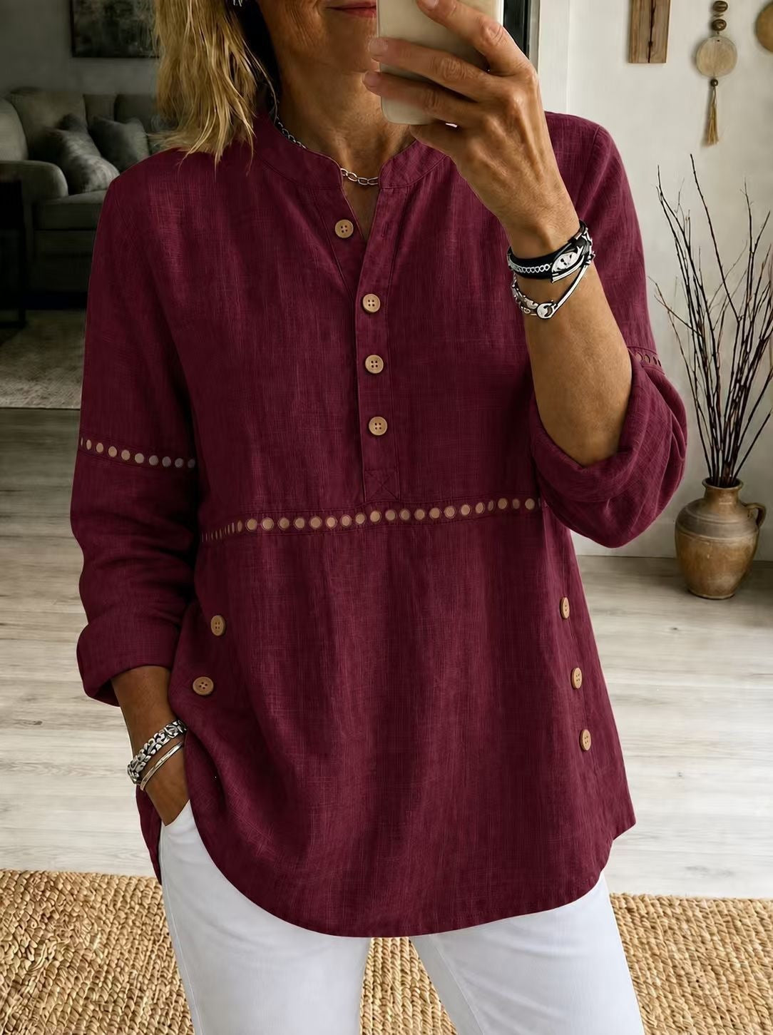Women Cotton Eyelet Tunic Long Sleeve Side Button Loose Top
